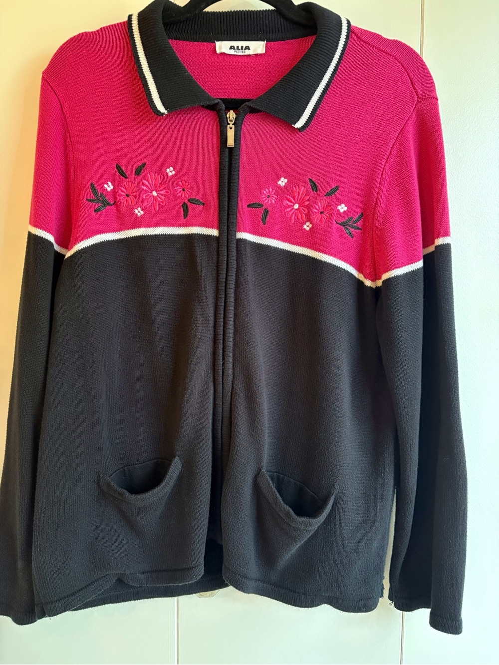 Alia Pink and Black Zip-Up Cardigan Sweater with Floral Embroidery